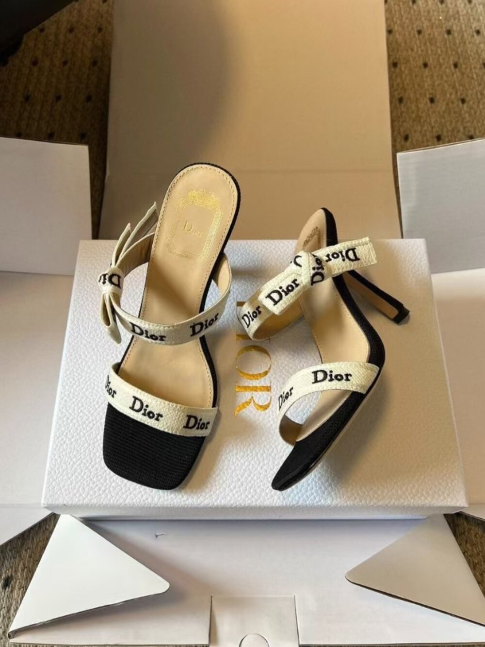 Dior Ribbon Bow Square‑Toe High Heel Mule Sandals